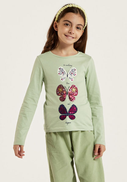 Juniors Sequin Embellished Butterfly Print T-shirt with Long Sleeves-T Shirts-image-0
