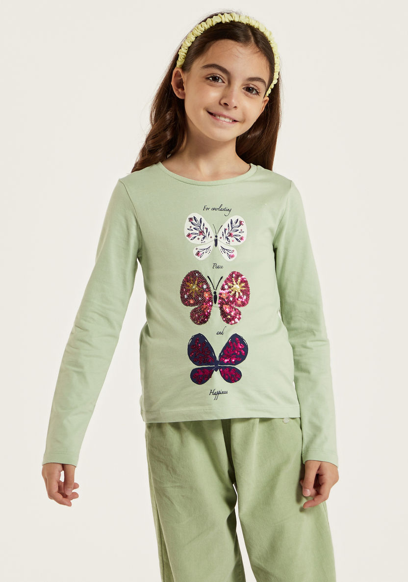 Juniors Sequin Embellished Butterfly Print T-shirt with Long Sleeves-T Shirts-image-0