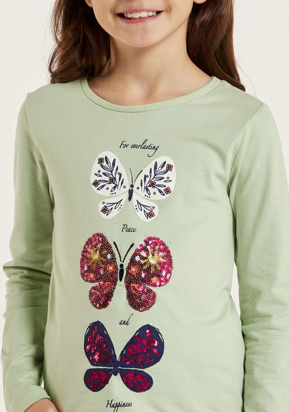 Juniors Sequin Embellished Butterfly Print T-shirt with Long Sleeves-T Shirts-image-2
