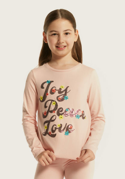 Juniors Typographic Print T-shirt with Round Neck and Long Sleeves-T Shirts-image-1