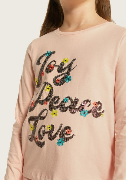 Juniors Typographic Print T-shirt with Round Neck and Long Sleeves-T Shirts-image-2