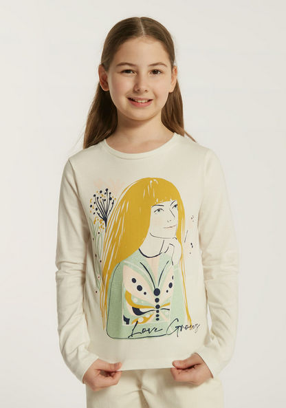 Juniors Printed T-shirt with Round Neck and Long Sleeves-T Shirts-image-1