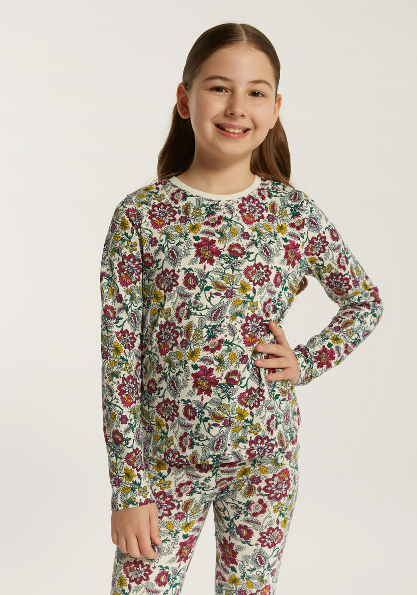 Juniors Floral Print T-shirt with Round Neck and Long Sleeves-T Shirts-image-1