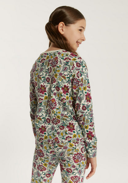 Juniors Floral Print T-shirt with Round Neck and Long Sleeves-T Shirts-image-3