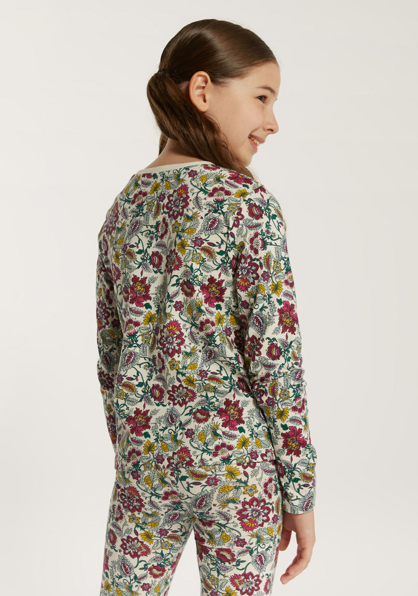 Juniors Floral Print T-shirt with Round Neck and Long Sleeves-T Shirts-image-3