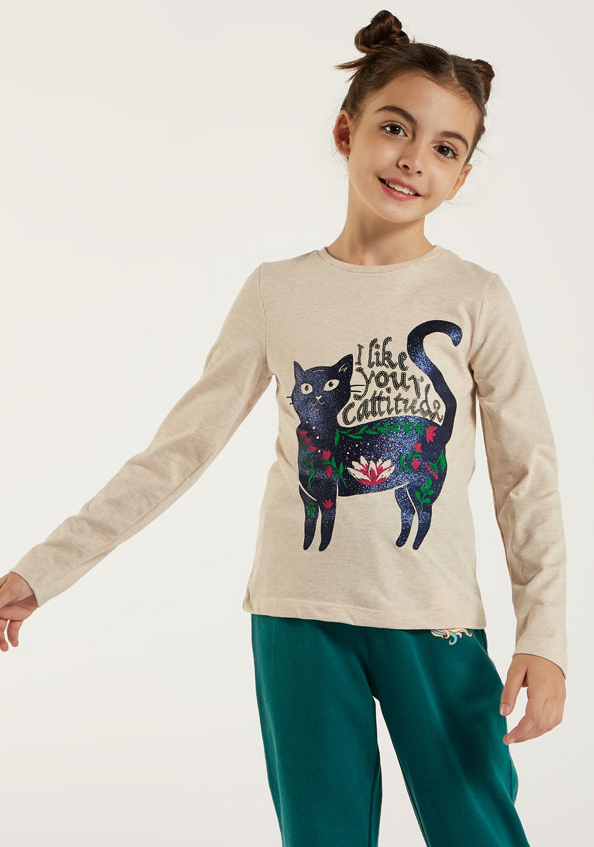 Juniors Cat Glitter Print T-shirt with Long Sleeves and Crew Neck-T Shirts-image-0