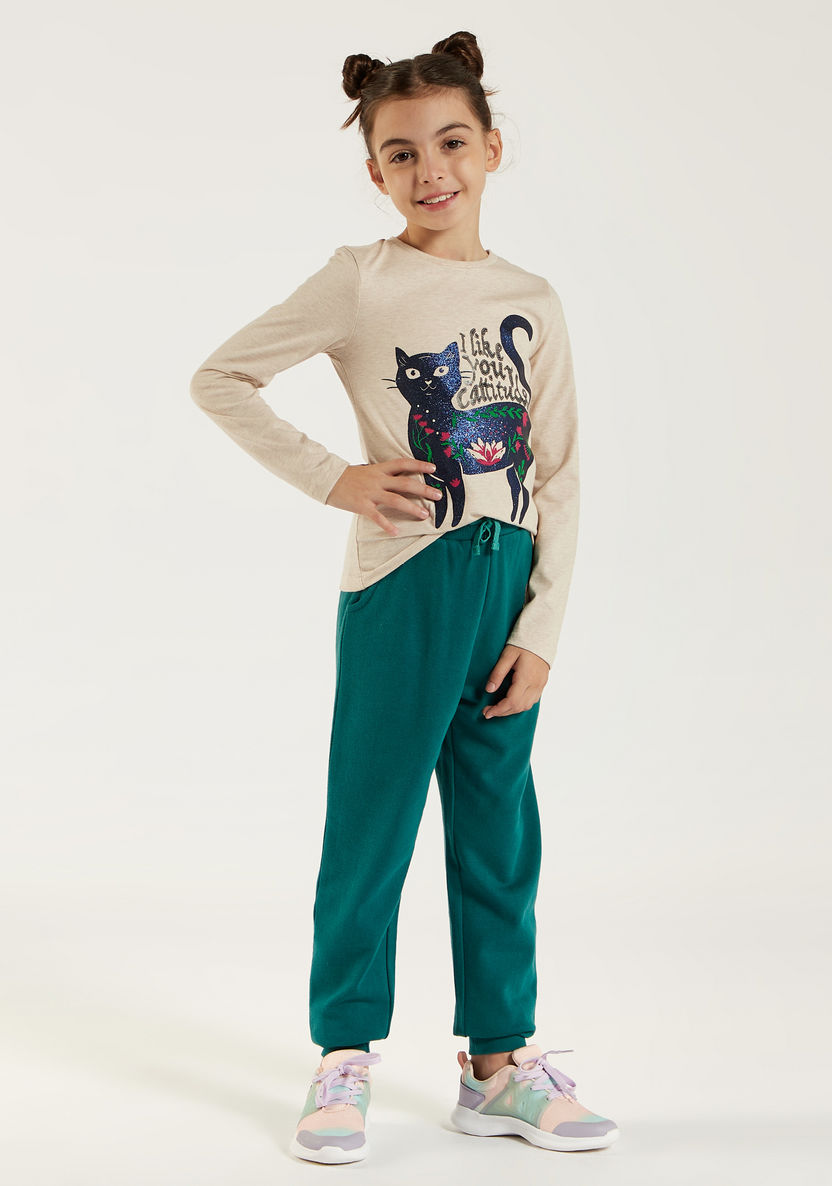 Juniors Cat Glitter Print T-shirt with Long Sleeves and Crew Neck-T Shirts-image-1