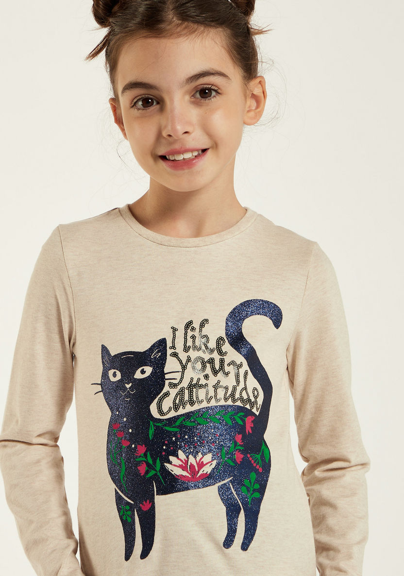 Juniors Cat Glitter Print T-shirt with Long Sleeves and Crew Neck-T Shirts-image-2