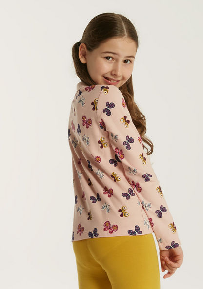 Juniors Butterfly Print Polo T-shirt with Long Sleeves-T Shirts-image-3