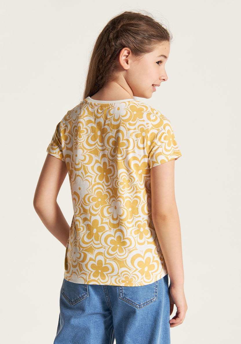 Juniors Floral Print T-shirt with Crew Neck and Short Sleeves-T Shirts-image-3