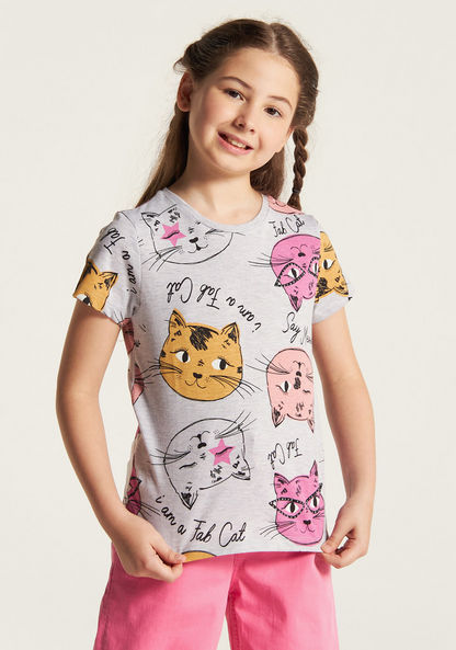 Juniors Cat Print T-shirt with Crew Neck and Short Sleeves