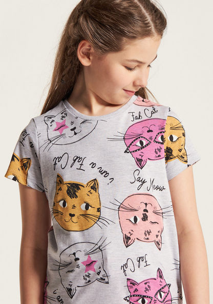 Juniors Cat Print T-shirt with Crew Neck and Short Sleeves