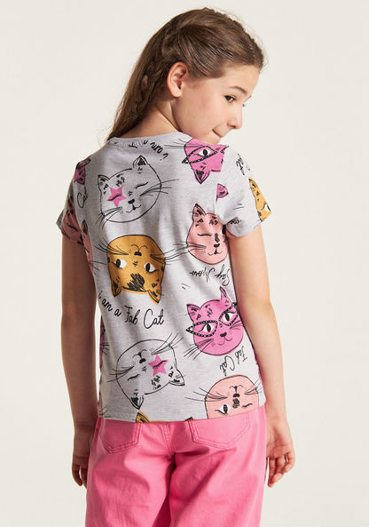 Juniors Cat Print T-shirt with Crew Neck and Short Sleeves-T Shirts-image-3