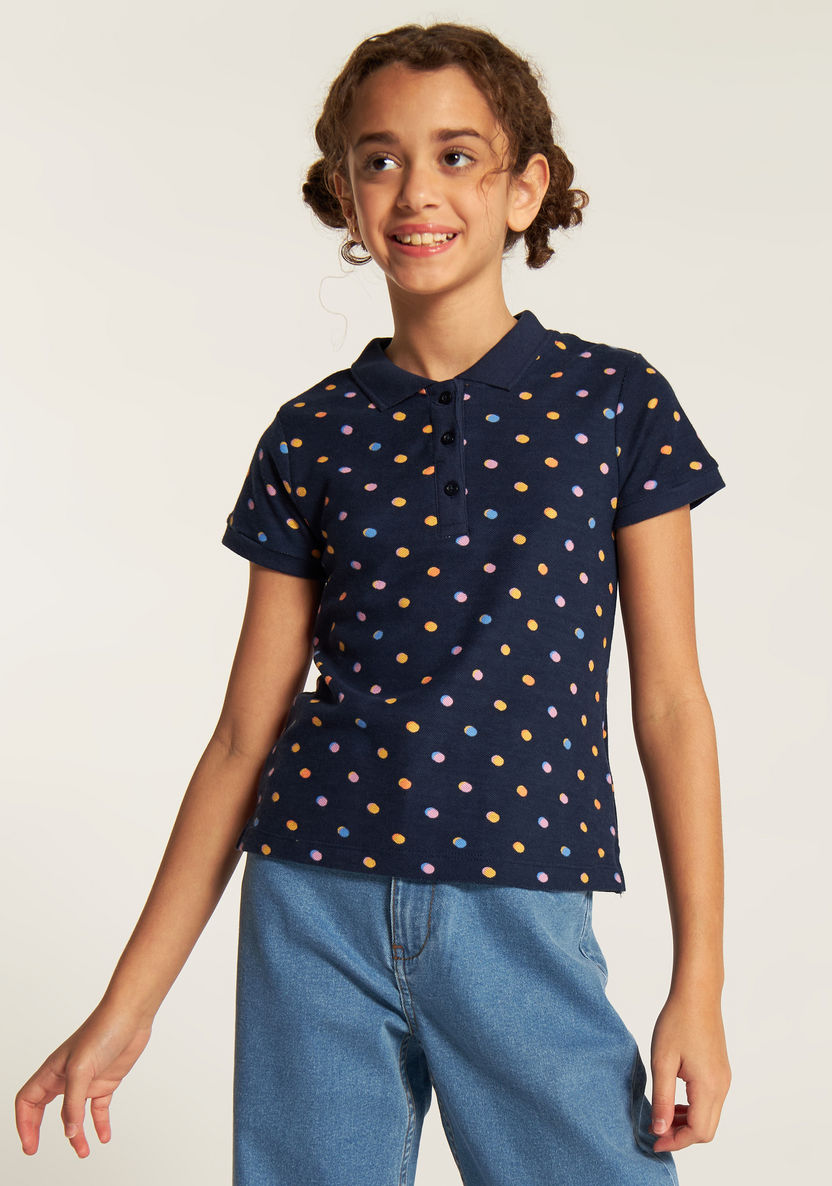 Juniors Polka Dot Polo T-shirt with Short Sleeves and Button Closure-T Shirts-image-0