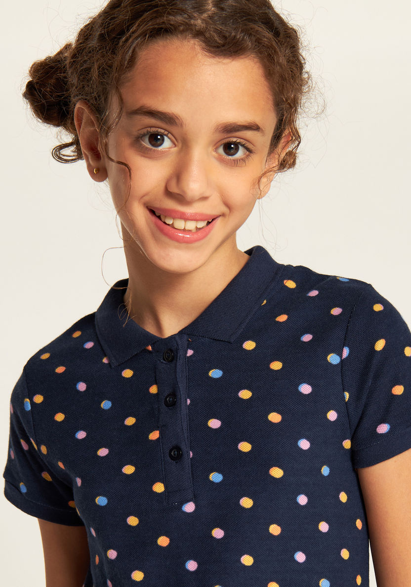 Juniors Polka Dot Polo T-shirt with Short Sleeves and Button Closure-T Shirts-image-2