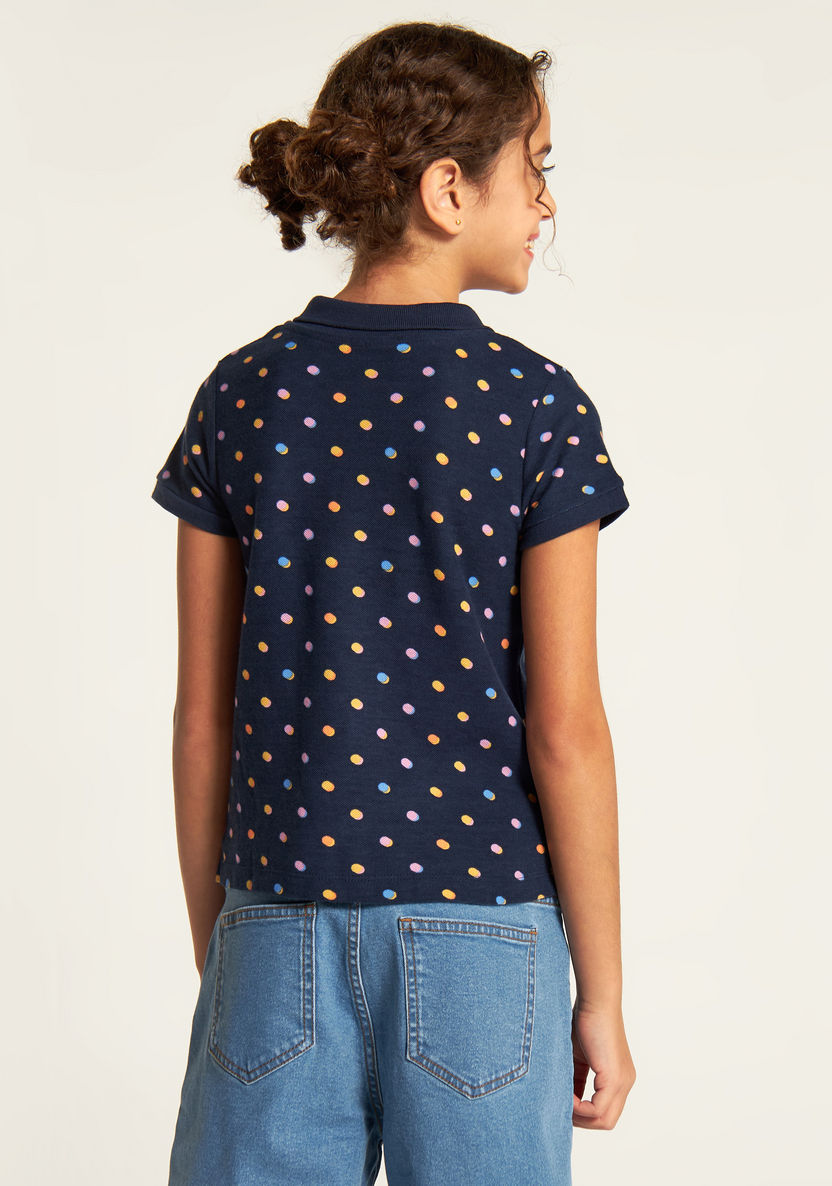 Juniors Polka Dot Polo T-shirt with Short Sleeves and Button Closure-T Shirts-image-3