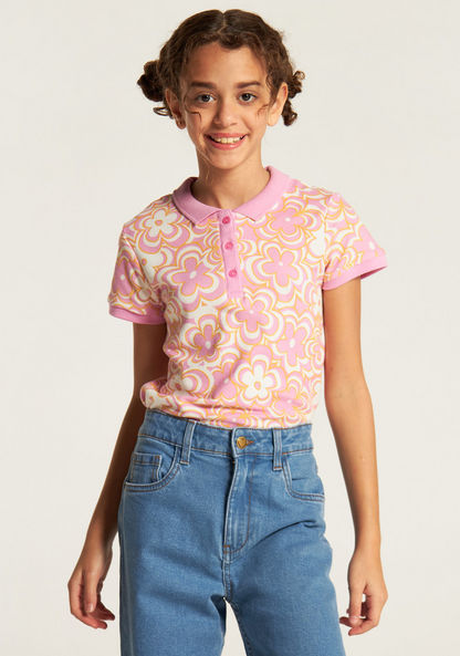 Juniors Floral Print Polo T-shirt with Short Sleeves and Button Closure