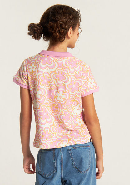 Juniors Floral Print Polo T-shirt with Short Sleeves and Button Closure-T Shirts-image-3