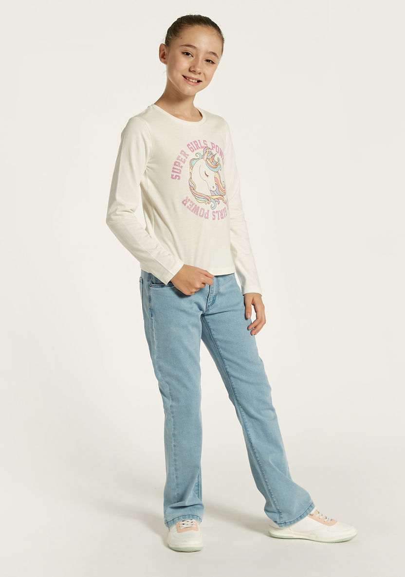 Juniors Unicorn Print Round Neck T-shirt with Long Sleeves-T Shirts-image-0