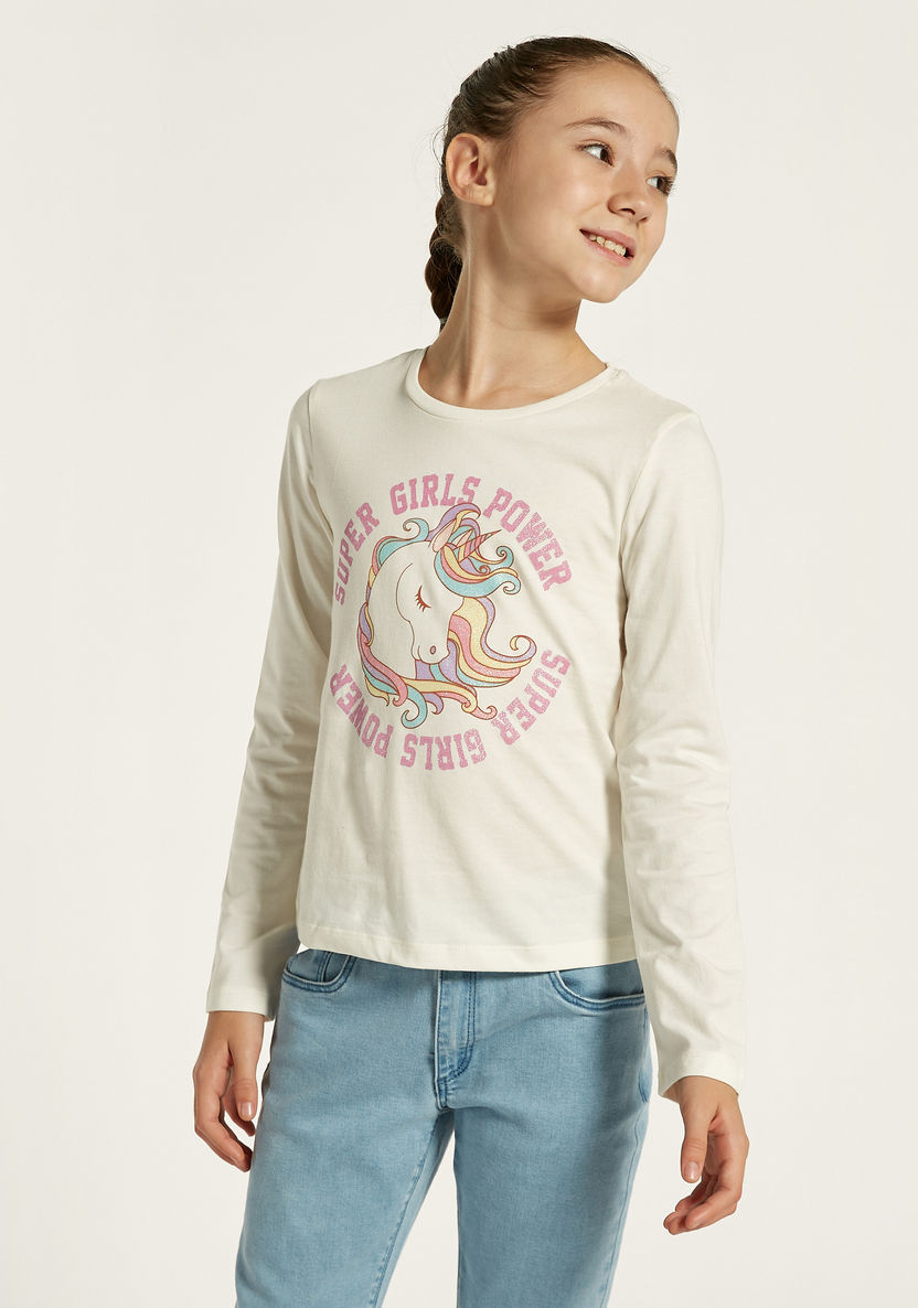 Juniors Unicorn Print Round Neck T-shirt with Long Sleeves-T Shirts-image-1