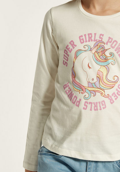 Juniors Unicorn Print Round Neck T-shirt with Long Sleeves