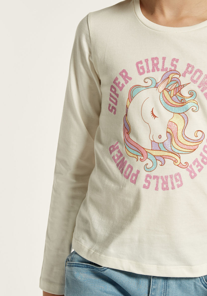 Juniors Unicorn Print Round Neck T-shirt with Long Sleeves-T Shirts-image-2