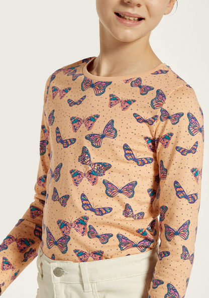 Juniors Butterfly Print Crew Neck T-shirt with Long Sleeves-T Shirts-image-2