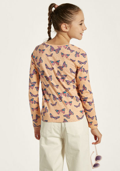 Juniors Butterfly Print Crew Neck T-shirt with Long Sleeves-T Shirts-image-3