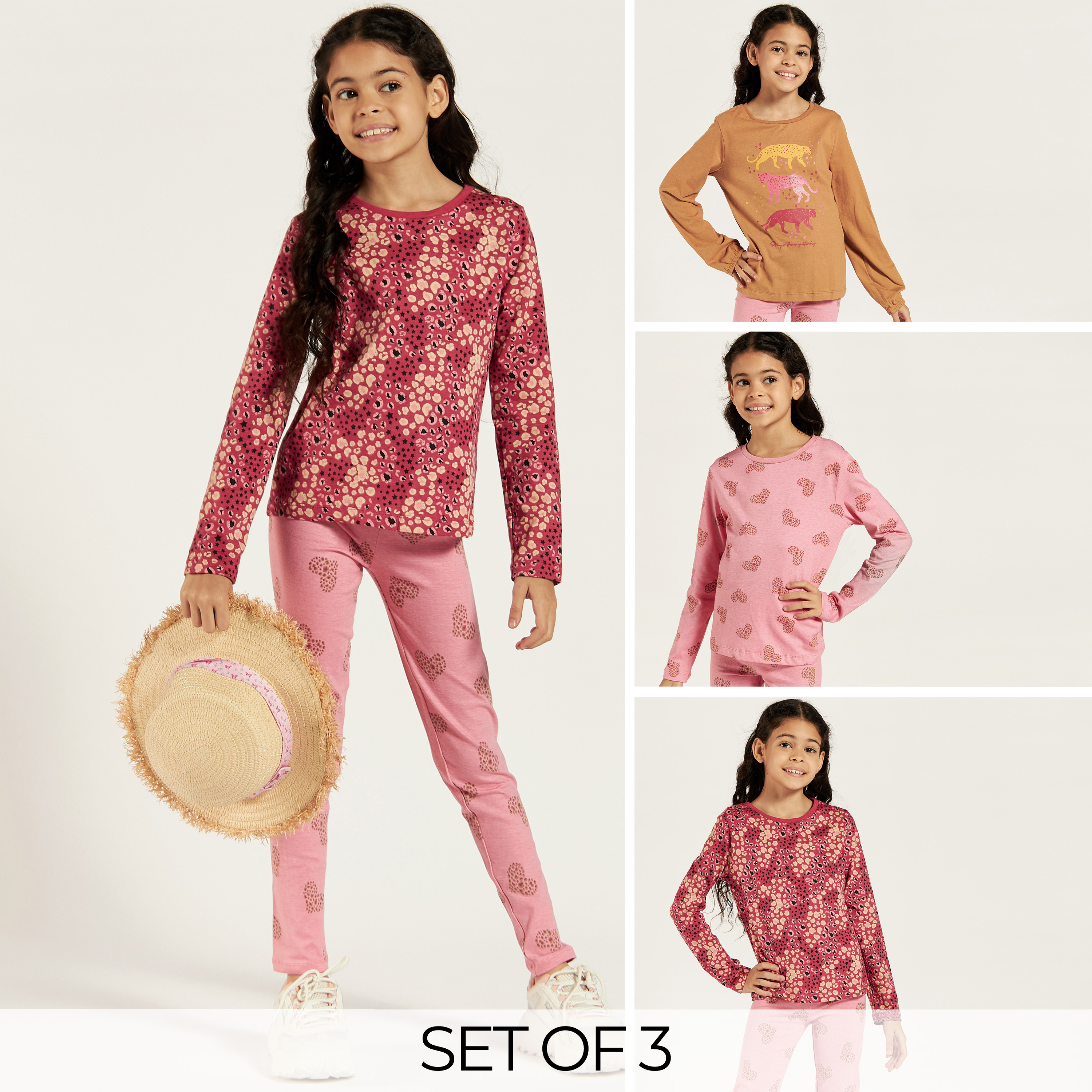 Juniors Printed Round Neck T-shirt with Long Sleeves - Set of 3-girls-clothing-schoolwear-tshirts-image-1