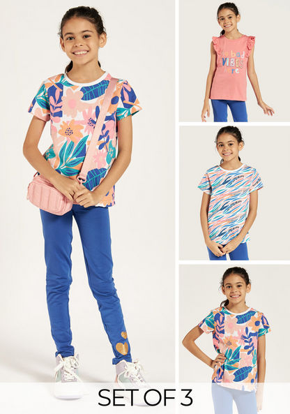 Juniors Tropical Print T-shirt with Round Neck - Set of 3-T Shirts-image-0