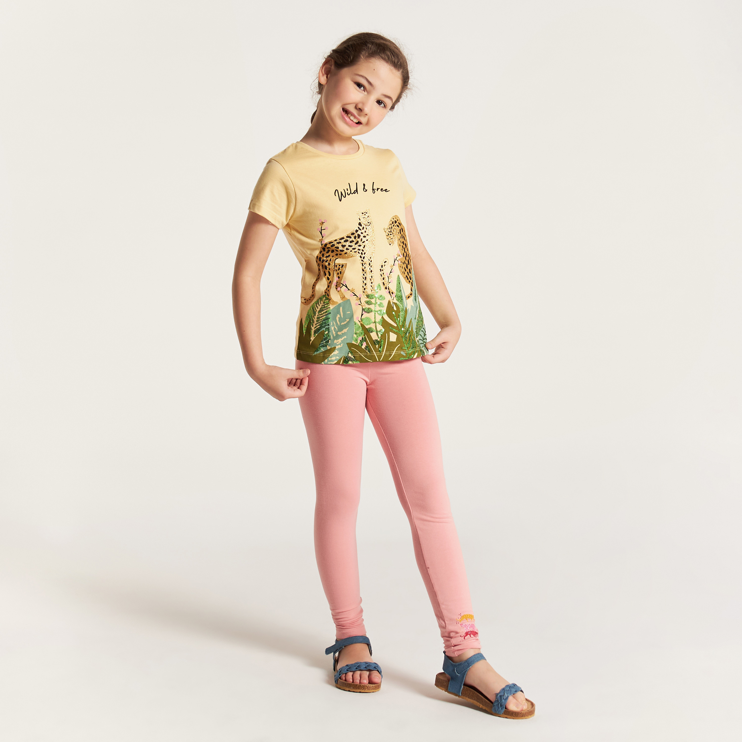 Juniors Printed Mid-Rise Leggings with Elasticated Waistband-girls-clothing-bottoms-leggings-image-1