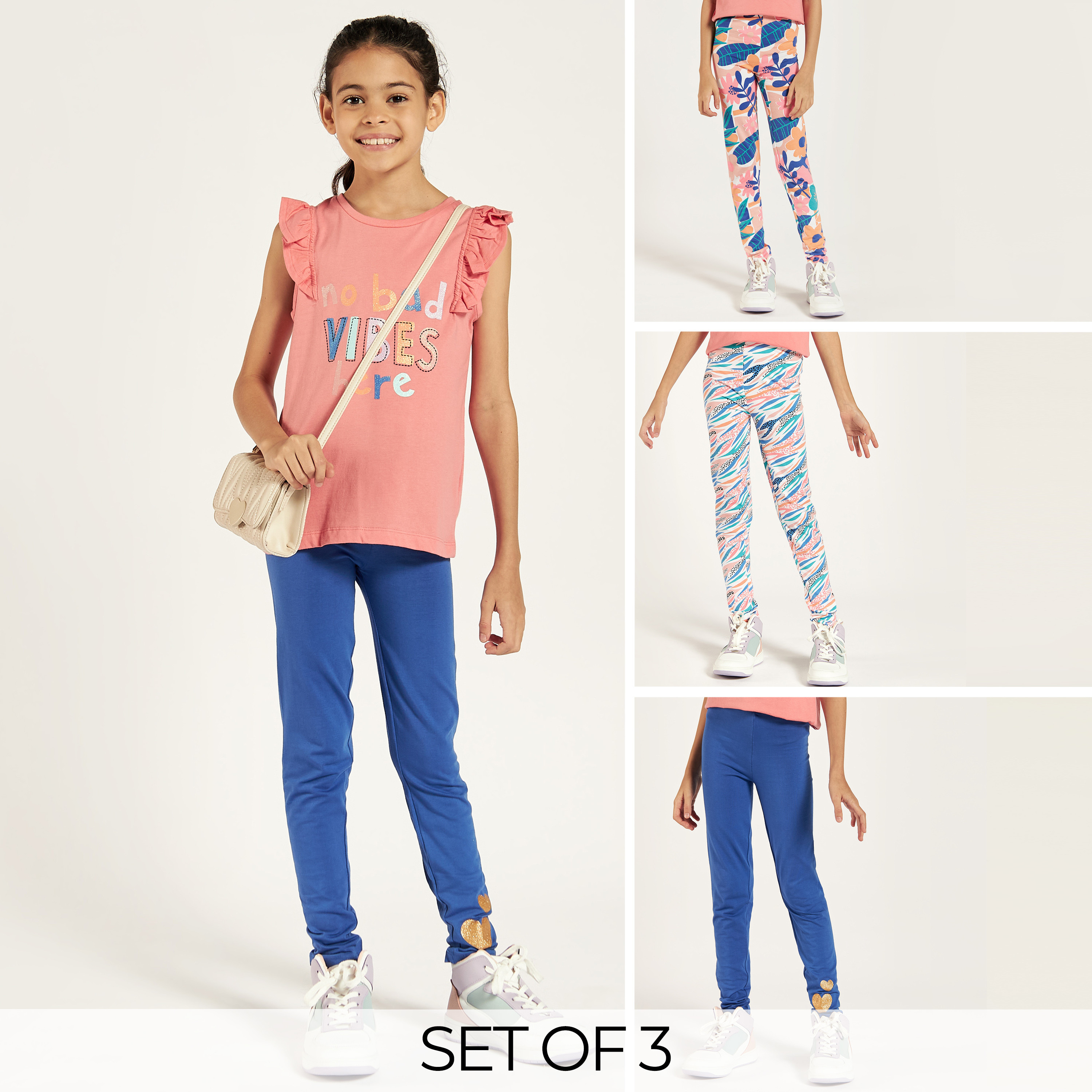 Juniors Printed Leggings with Elasticated Waistband - Set of 3-girls-clothing-multipacks-image-1