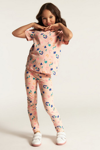Juniors All Over Print Mid-Rise Leggings with Elasticated Waistband