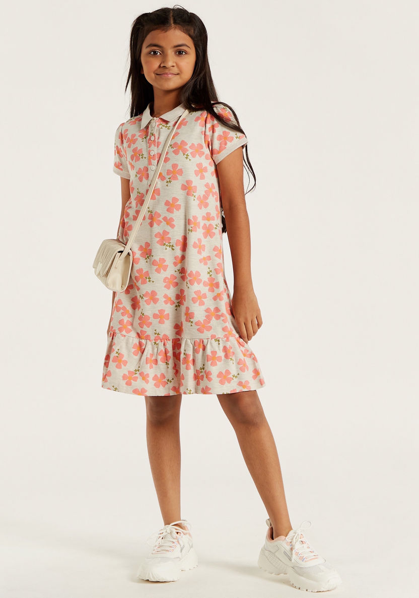 Juniors Floral Print Polo Dress with Short Sleeves and Frill Detail-Dresses%2C Gowns and Frocks-image-0
