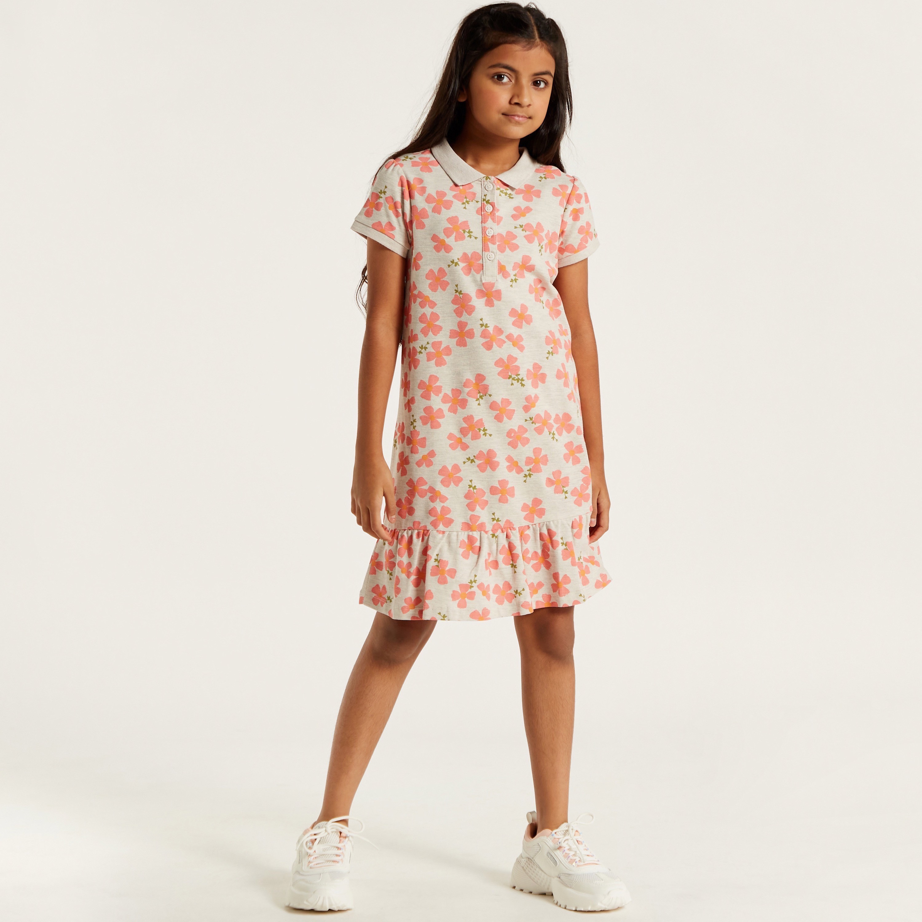 Juniors Floral Print Polo Dress with Short Sleeves and Frill Detail-girls-clothing-dressesandjumpsuits-image-2