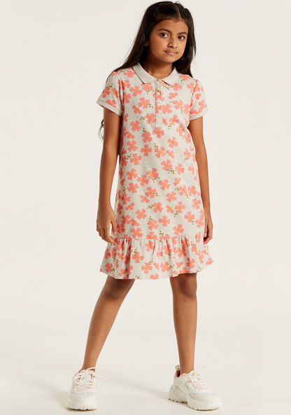 Juniors Floral Print Polo Dress with Short Sleeves and Frill Detail
