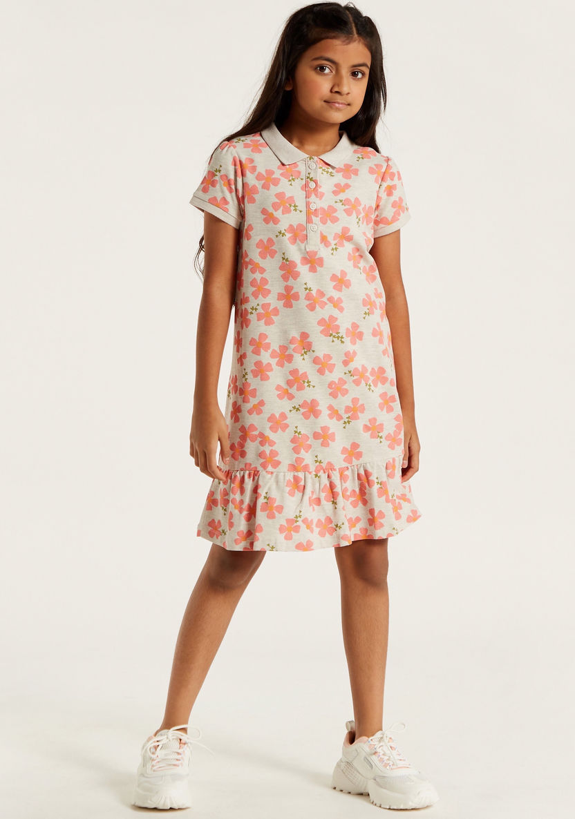 Juniors Floral Print Polo Dress with Short Sleeves and Frill Detail-Dresses, Gowns & Frocks-image-1
