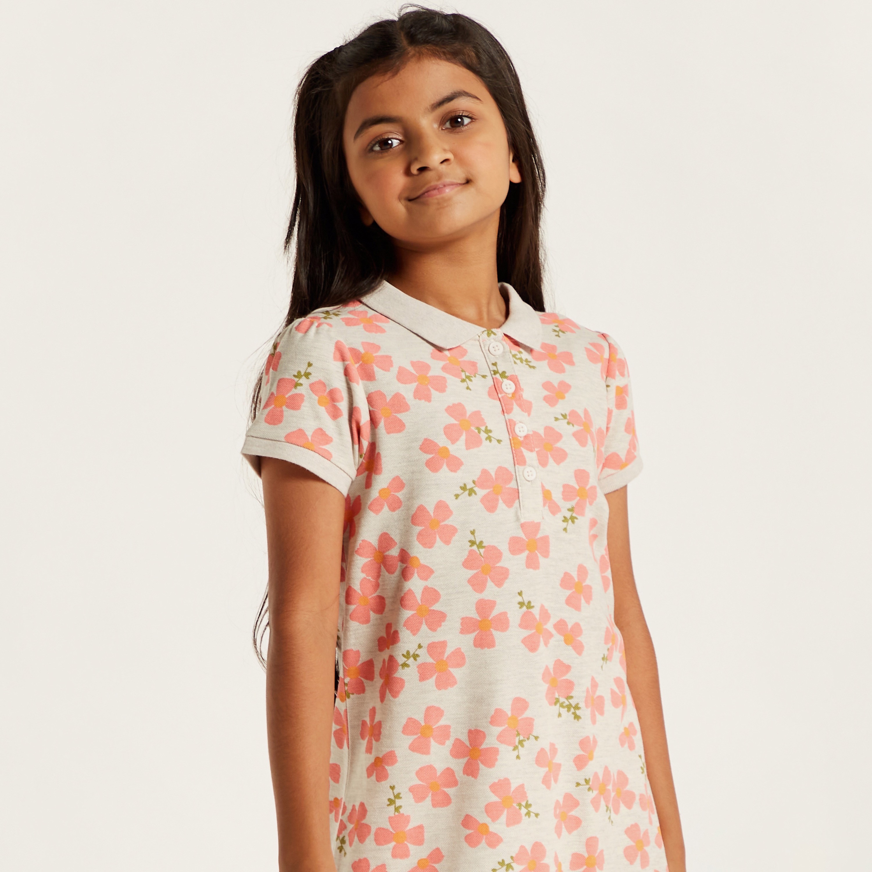 Juniors Floral Print Polo Dress with Short Sleeves and Frill Detail-girls-clothing-dressesandjumpsuits-image-3
