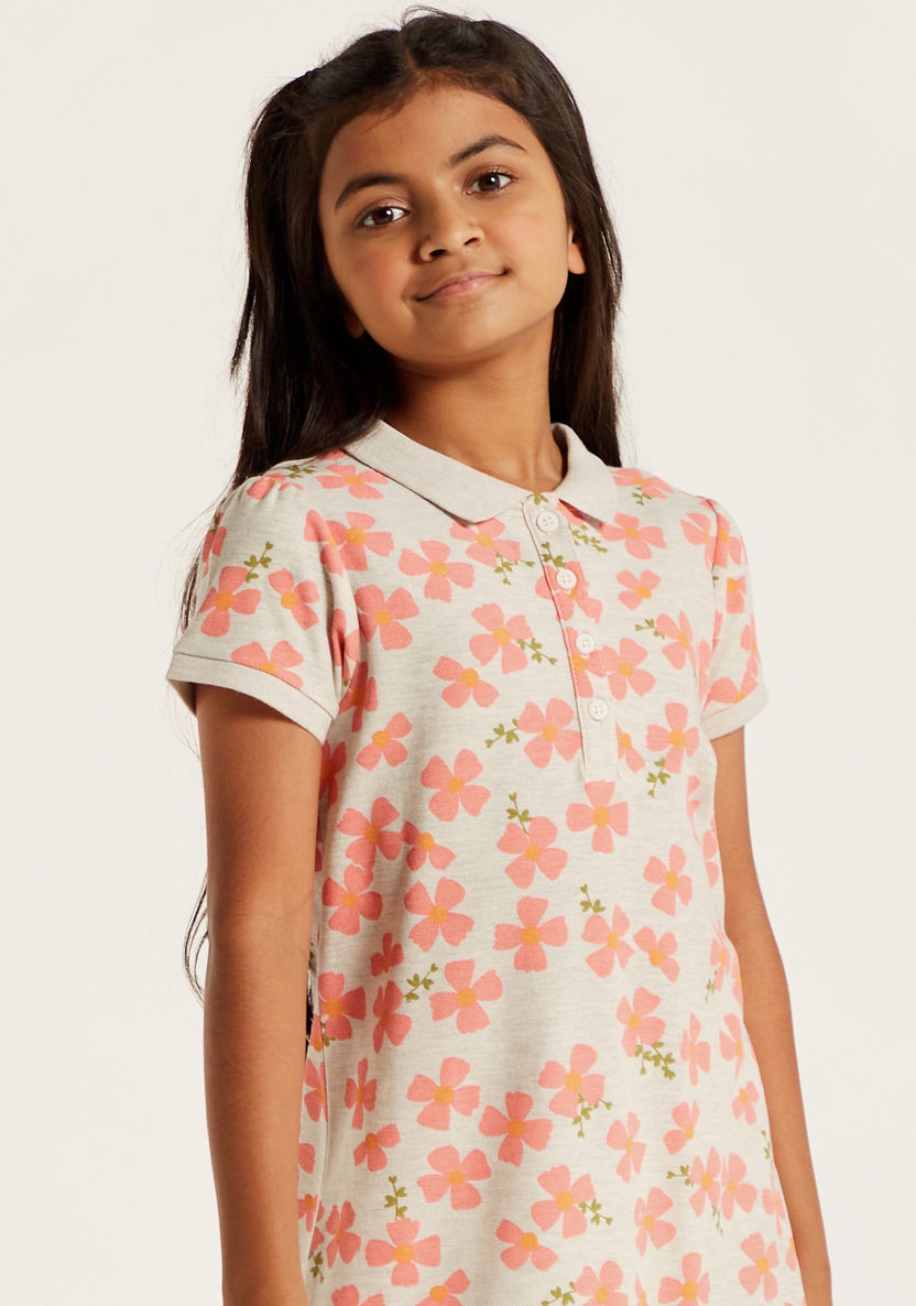Juniors Floral Print Polo Dress with Short Sleeves and Frill Detail-Dresses%2C Gowns and Frocks-image-2