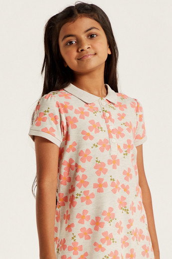 Juniors Floral Print Polo Dress with Short Sleeves and Frill Detail