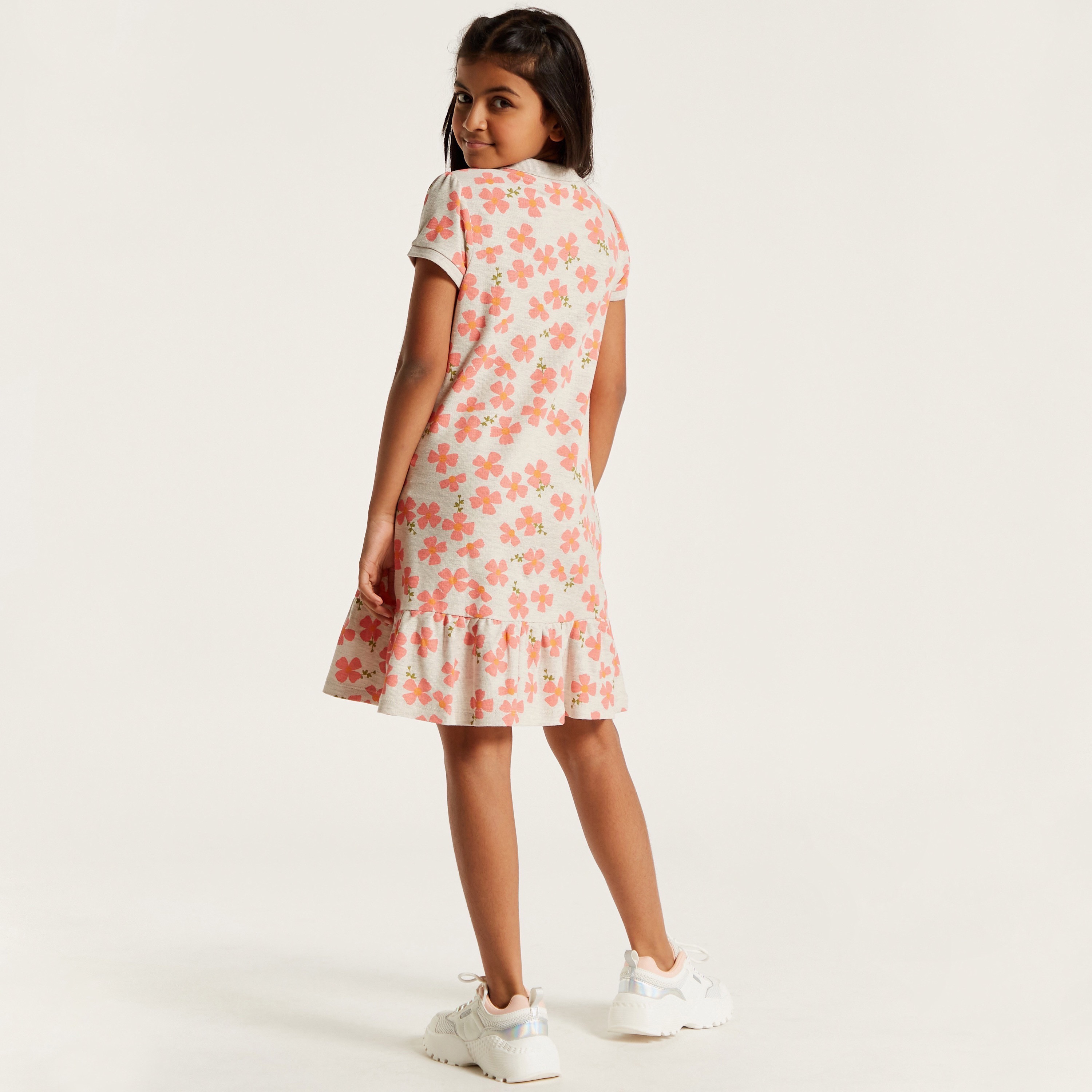 Juniors Floral Print Polo Dress with Short Sleeves and Frill Detail-girls-clothing-dressesandjumpsuits-image-4
