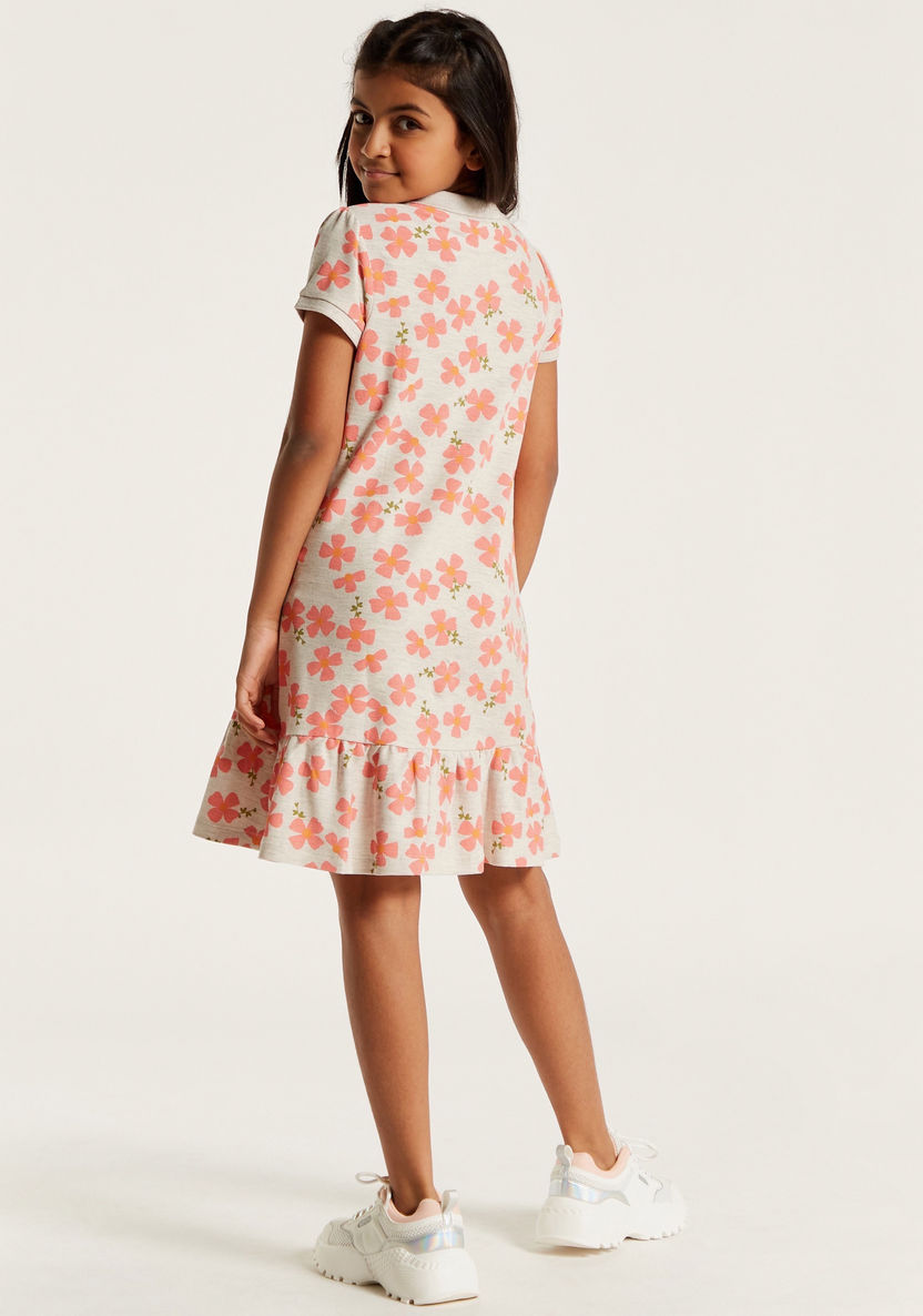 Juniors Floral Print Polo Dress with Short Sleeves and Frill Detail-Dresses, Gowns & Frocks-image-3