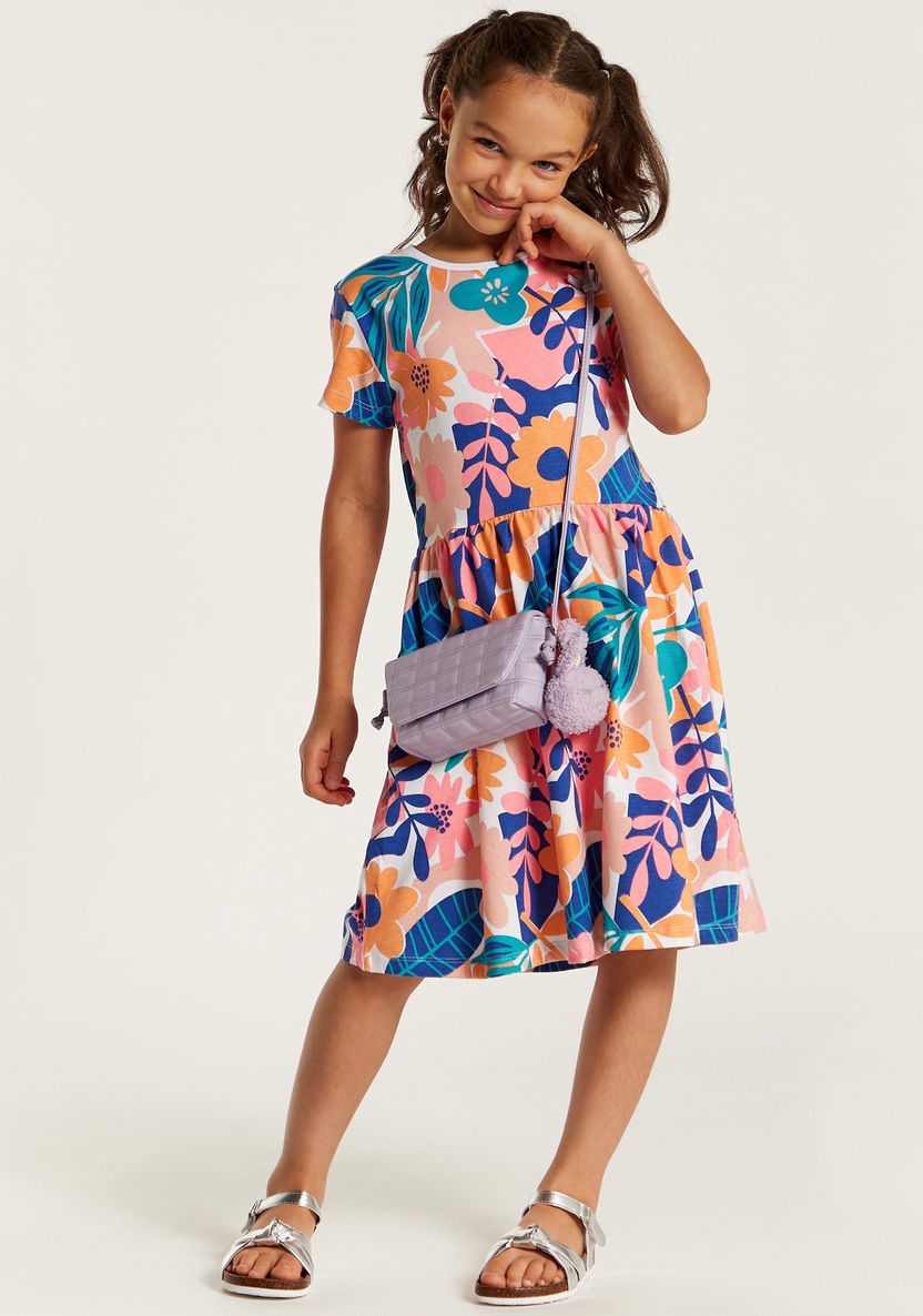 Juniors Floral Print Dress with Round Neck and Short Sleeves-Dresses%2C Gowns and Frocks-image-0