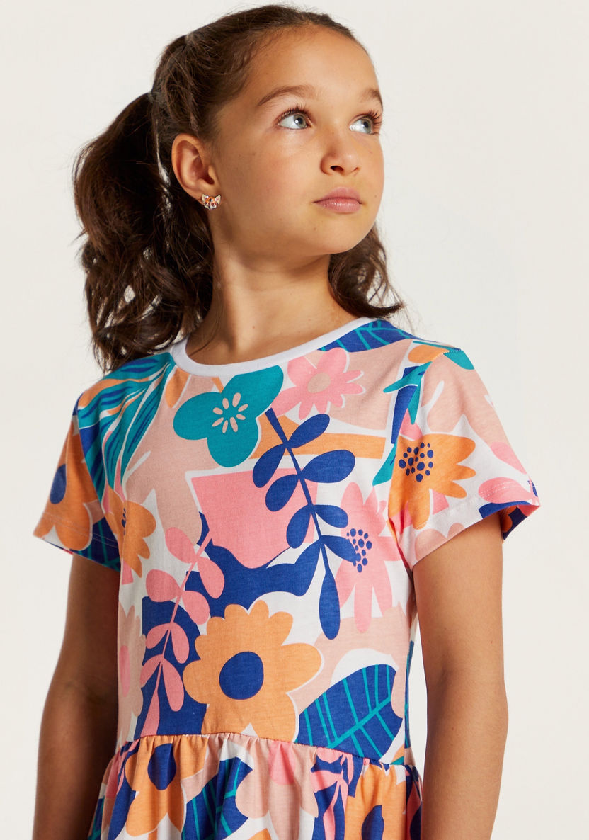 Juniors Floral Print Dress with Round Neck and Short Sleeves-Dresses%2C Gowns and Frocks-image-1