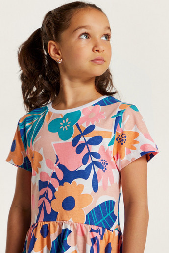 Juniors Floral Print Dress with Round Neck and Short Sleeves