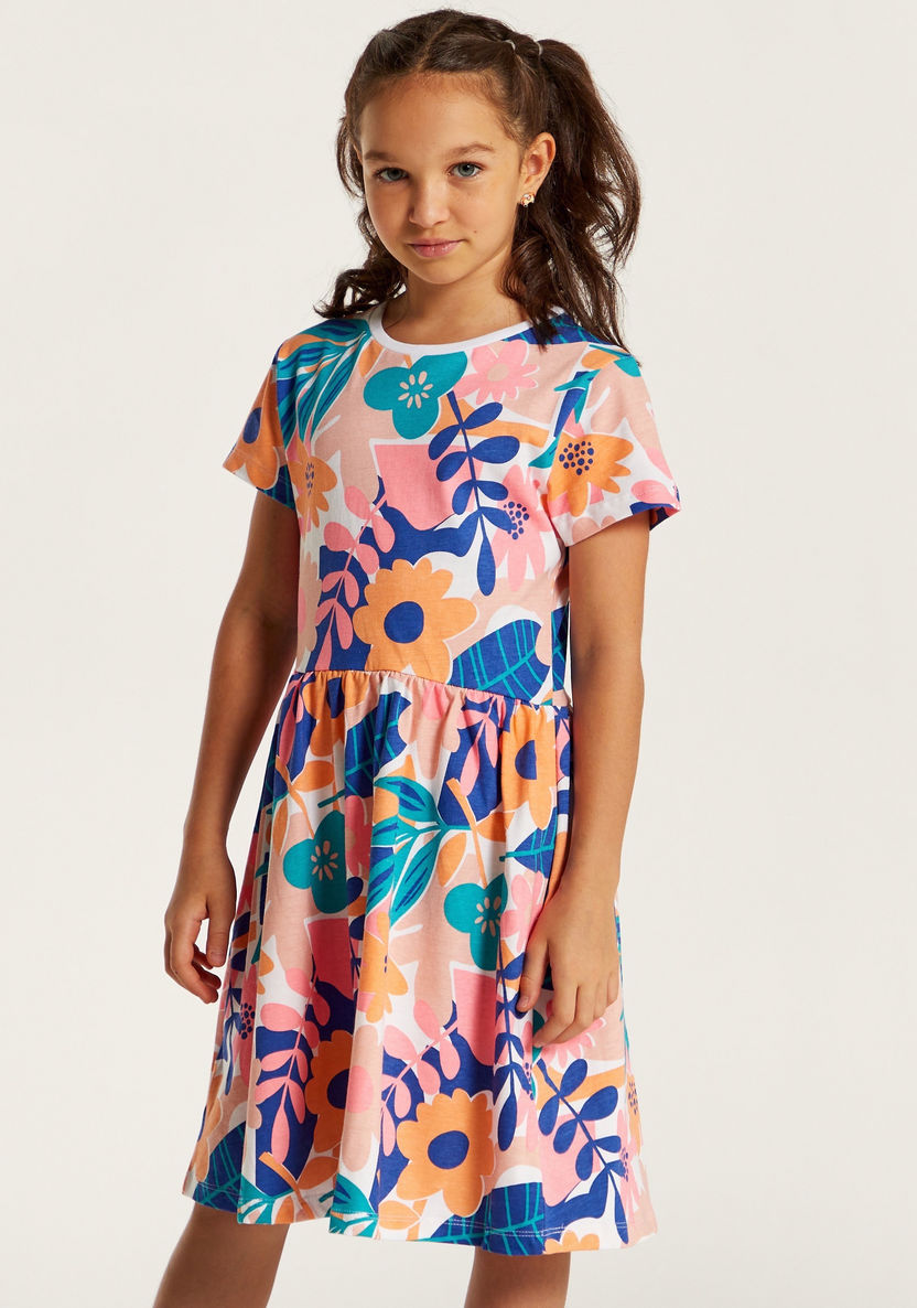 Juniors Floral Print Dress with Round Neck and Short Sleeves-Dresses%2C Gowns and Frocks-image-2