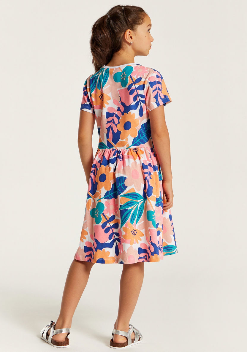 Juniors Floral Print Dress with Round Neck and Short Sleeves-Dresses%2C Gowns and Frocks-image-3