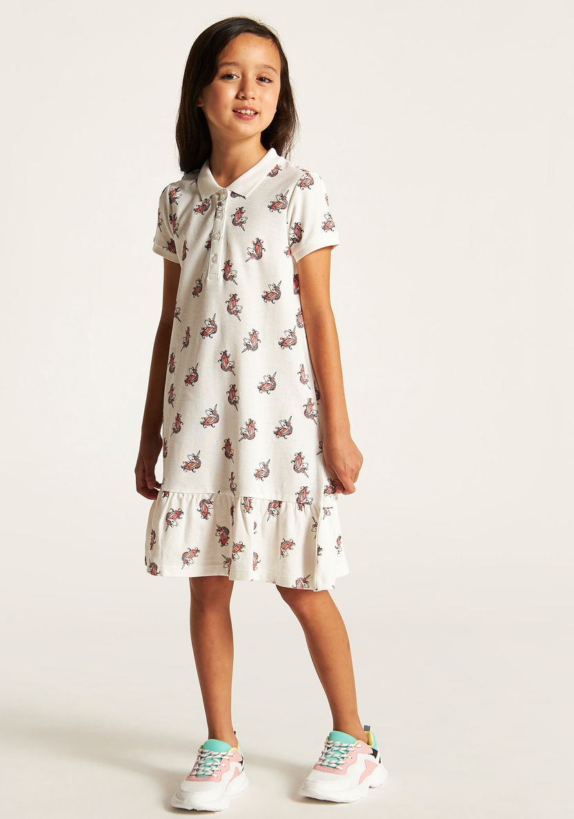 Juniors Unicorn Print Drop Waist Dress with Short Sleeves-Dresses, Gowns & Frocks-image-1