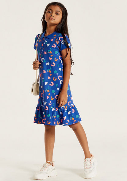 Juniors All-Over Print Polo Dress with Short Sleeves and Frill Detail