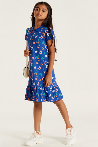 Juniors All-Over Print Polo Dress with Short Sleeves and Frill Detail